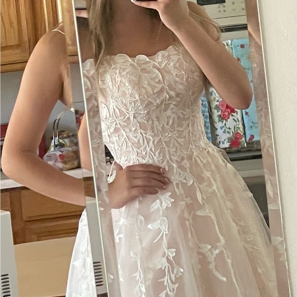 Embroidered Floral Lace Strapless Ball Gown - Blush- prom